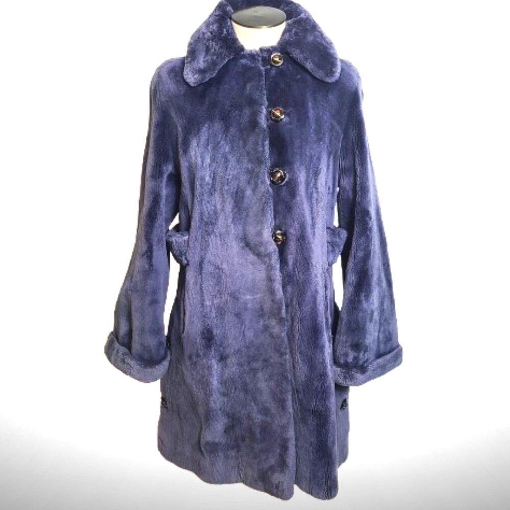 Zuki Blue Plush Fur Coat Jacket w/ Statement Collar & Pockets Size: 6-8